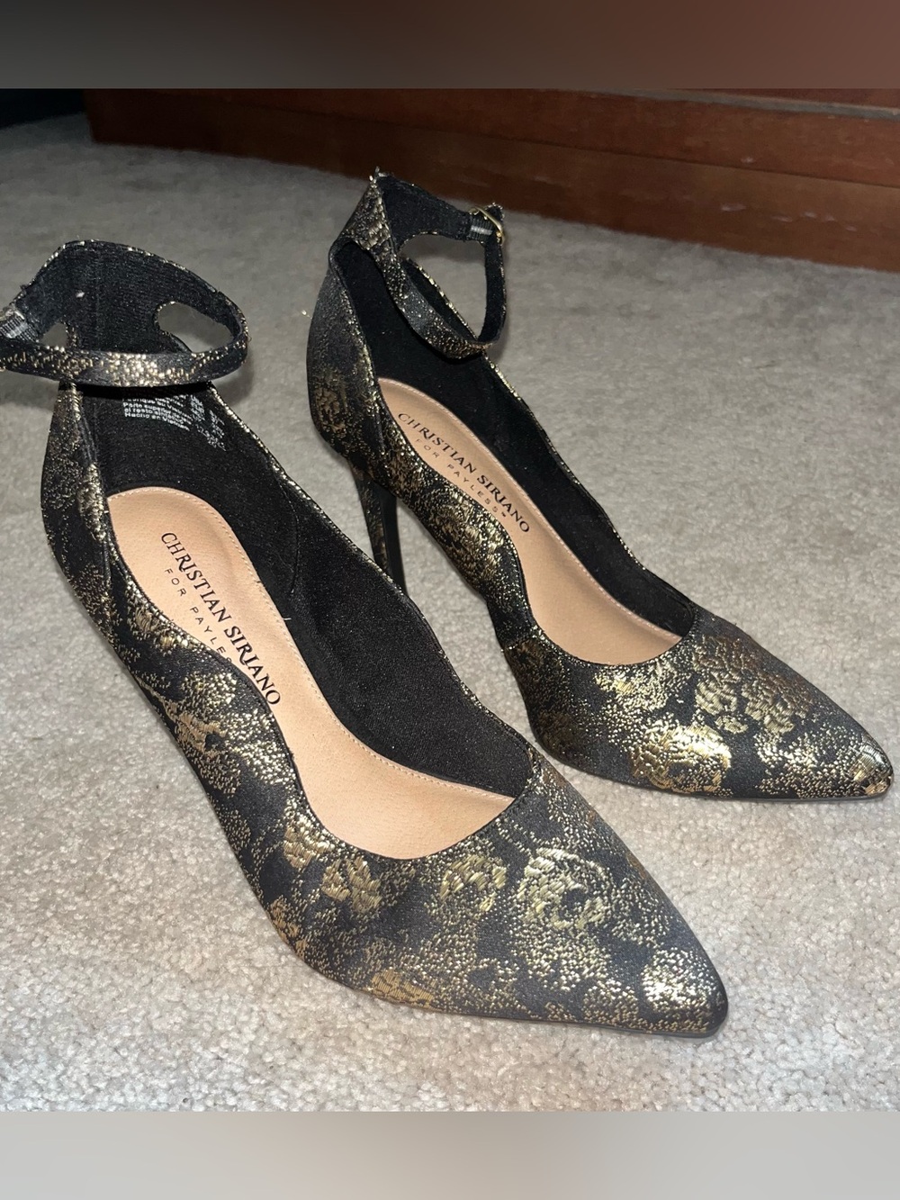 Christian Siriano Black and Gold Pointed Ankle-Strap pumps